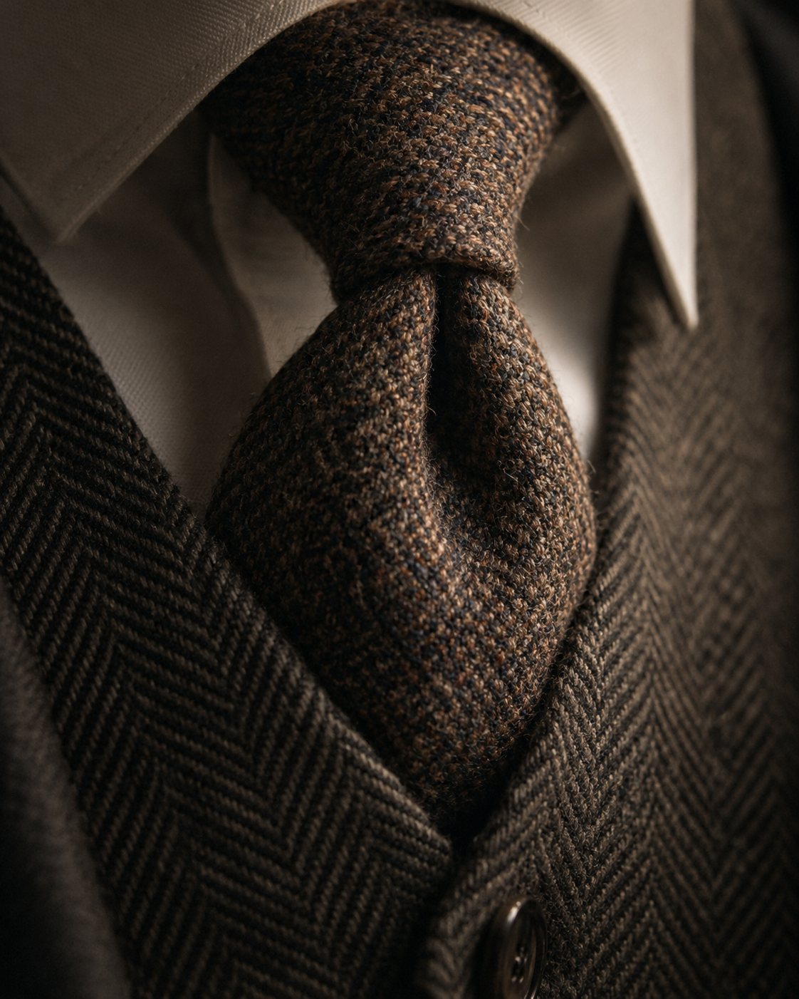 A knotted wool tie against a herringbone waistcoat and a white collar, close up
