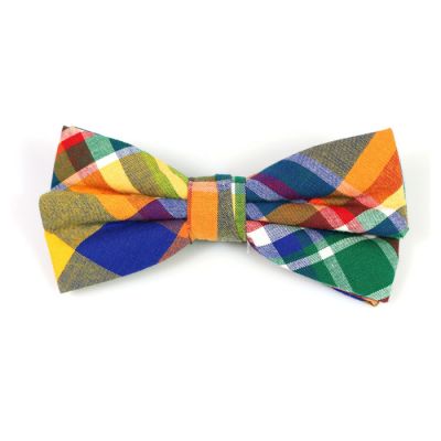 Tiger Orange, Yellow, Purple Iris, SeaShell and Dark Forest Green Cotton Plaid Butterfly Bow Tie