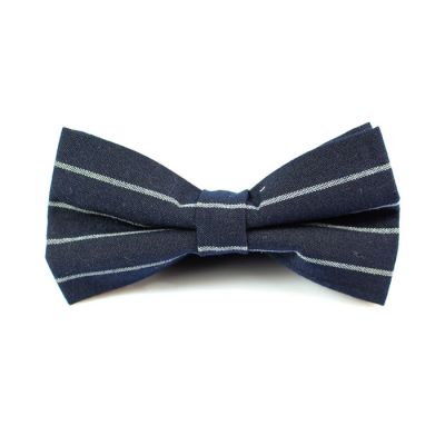 Slate Blue and White Polyester Striped Butterfly Bow Tie