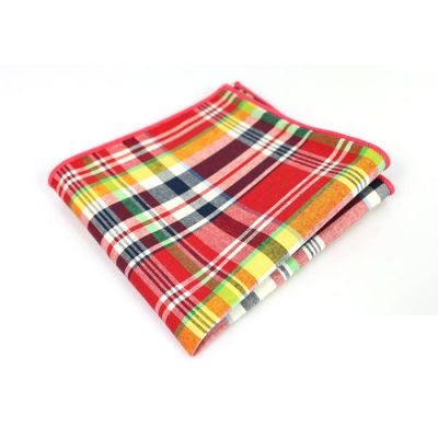 Lime Green, Firebrick, Rosy Brown, Platinum and Bronze Cotton Plaid Pocket Square