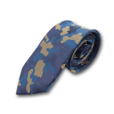 6cm Midnight Blue, Navy Blue, Lapis Blue and Golden Brown Polyester Camouflage Skinny Tie