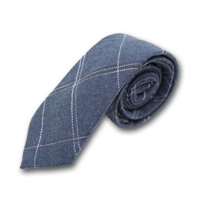 6cm Lapis Blue and White Cotton-Linen Blend Plaid Skinny Tie