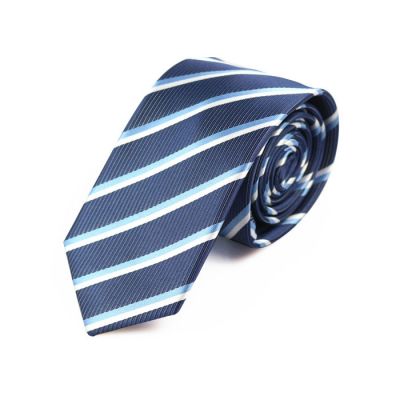 6cm White, Pale Blue Lily and Midnight Blue Polyester Striped Skinny Tie