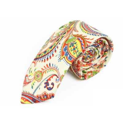 6cm White, Yellow, Venom Green, Red and Teal Cotton Paisley Skinny Tie