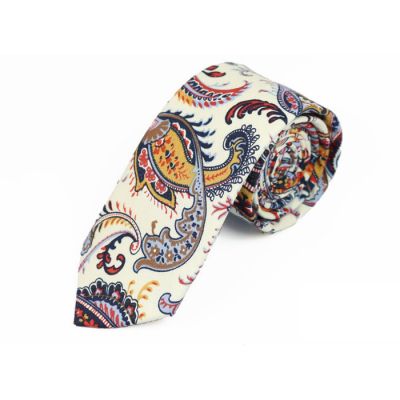 6cm White, Navy Blue, Rubber Ducky Yellow and Brown Cotton Paisley Skinny Tie