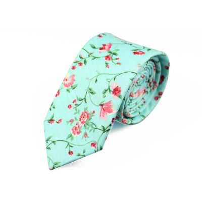 6cm Blue Zircon, Pearl and Green Cotton Floral Skinny Tie
