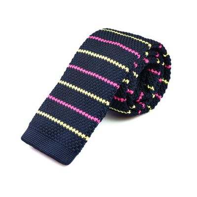 6cm Midnight Blue, Pink Lemonade and Lemon Chiffon Knit Striped Skinny Tie