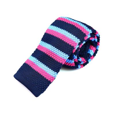 6cm Dark Slate Blue, Tron Blue and Carnation Pink Knit Striped Skinny Tie