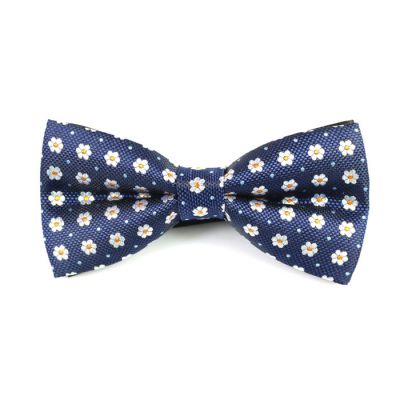 Sapphire Blue, White and Wood Polyester Floral Butterfly Bow Tie
