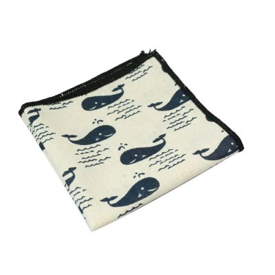 SeaShell, Blue Jay and Black Cotton-Linen Blend Novelty Pocket Square