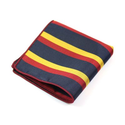 Shocking Orange, Midnight Blue and Yellow Polyester Striped Pocket Square