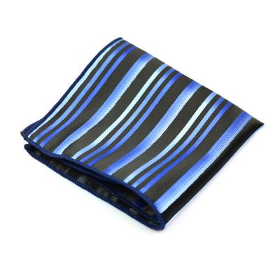 Blue Orchid, Coral Blue and Black Polyester Striped Pocket Square