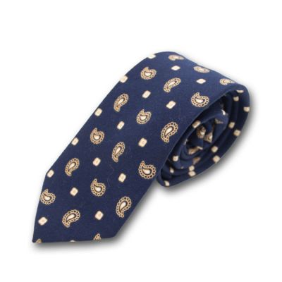 6cm Midnight Blue, Peach and White Cotton-Linen Blend Paisley Skinny Tie