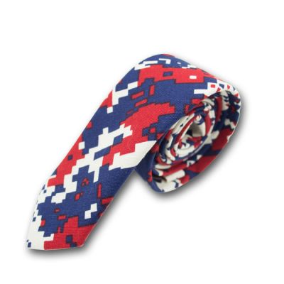 5cm Midnight Blue, Red and White Cotton-Linen Blend Novelty Skinny Tie