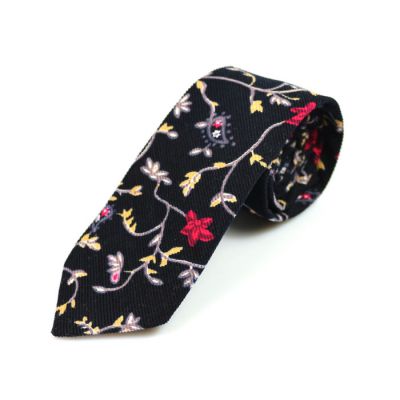 6cm Black, Red, Mustard, Pink Rose and White Cotton Floral Skinny Tie