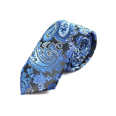 6cm Midnight Blue, Blueberry Blue and White Polyester Paisley Skinny Tie