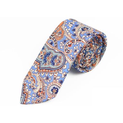 6cm Blue Orchid, Glacial Blue Ice, Scarlet and White Cotton Paisley Skinny Tie