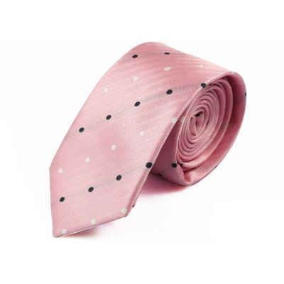6cm Pig Pink, Black and SeaShell Polyester Polka Dot Skinny Tie
