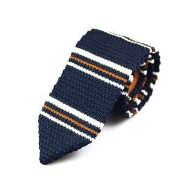7cm Midnight Blue, White and Brown Knit Striped Skinny Tie