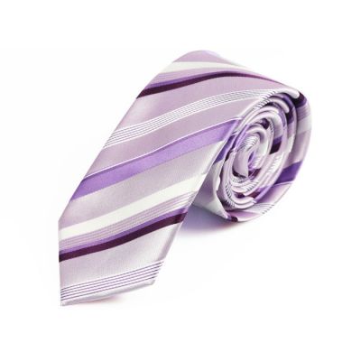 6cm Blush Pink, White, Wisteria Purple and Plum Velvet Polyester Striped Skinny Tie