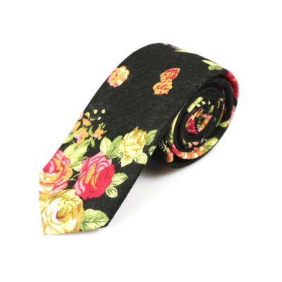 6cm Black, Khaki Rose, SeaShell and Bright Gold Cotton-Linen Blend Floral Skinny Tie
