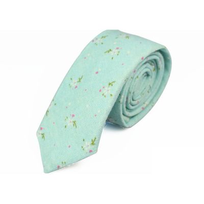 6cm Light Aquamarine, Moccasin, White and Khaki Rose Cotton-Linen Blend Floral Skinny Tie